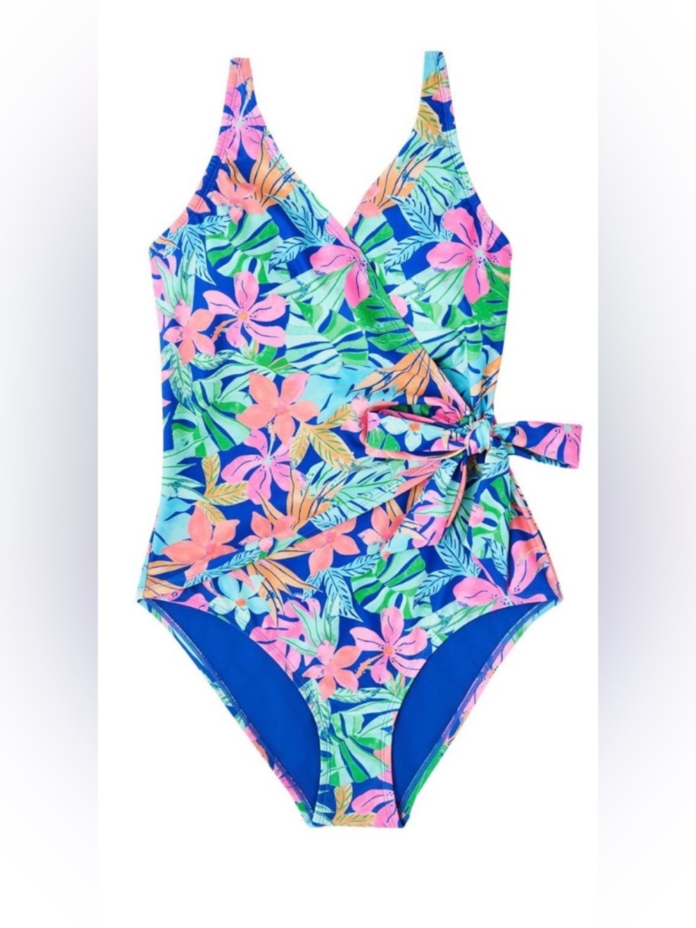 A120 Floral Wrap-Style Members Mark One Piece Swimsuit - Blue/Pink NEW